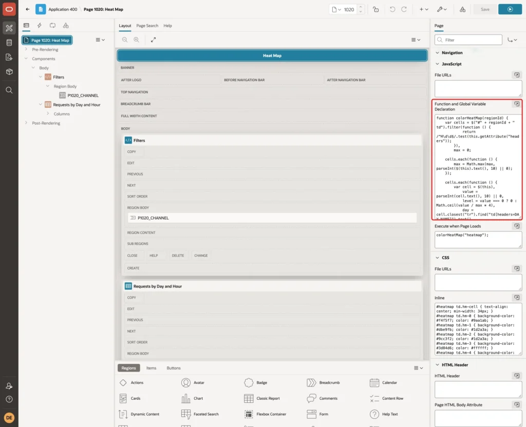 Page properties with the colorHeatMap function in Function and Global Variable Declaration marked with a red box