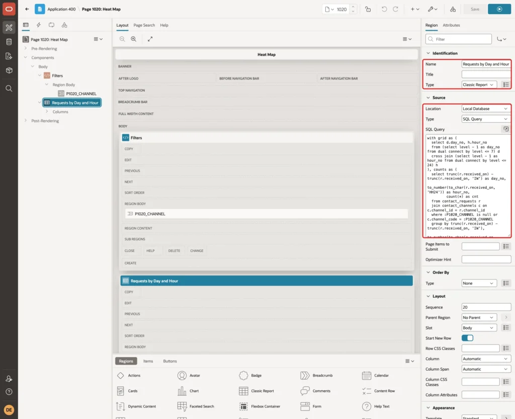 Classic Report region Requests by Day and Hour with Name, Type, Location Local Database, Type SQL Query and the query marked with red boxes