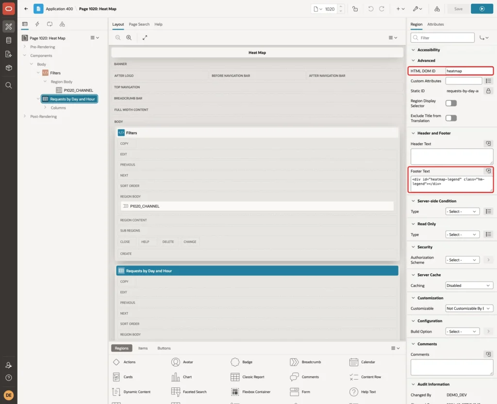 Advanced group with HTML DOM ID heatmap and Header and Footer group with the legend element in Footer Text marked with red boxes