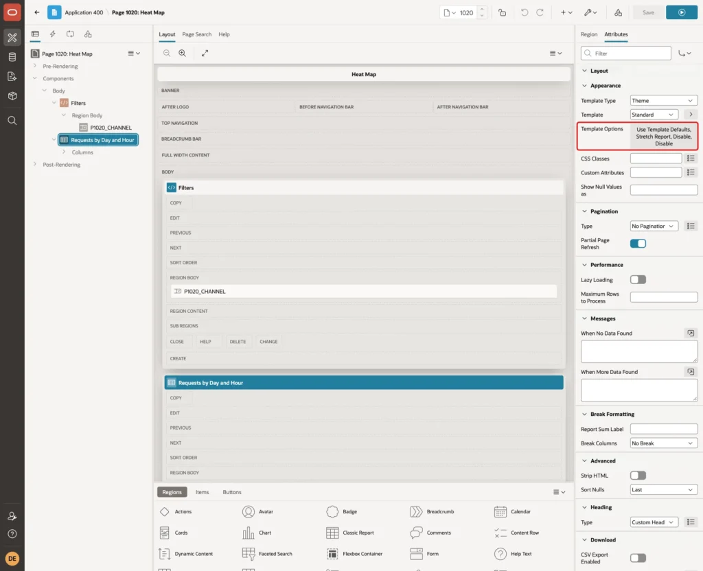 Attributes tab of the report with Template Options Use Template Defaults, Stretch Report, Disable, Disable marked with a red box