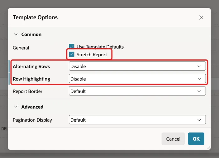 Template Options dialog with Stretch Report checked and Alternating Rows and Row Highlighting set to Disable, marked with red boxes