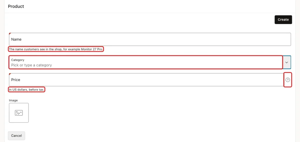 Oracle APEX Product form with inline help under Name and Price, the placeholder Pick or type a category, and a help icon next to Price, each marked with a red box