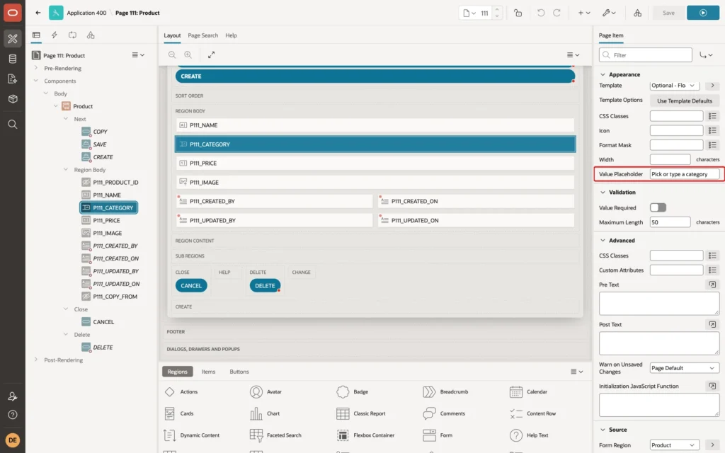 Page Designer showing P111_CATEGORY Appearance group with Value Placeholder Pick or type a category marked with a red box