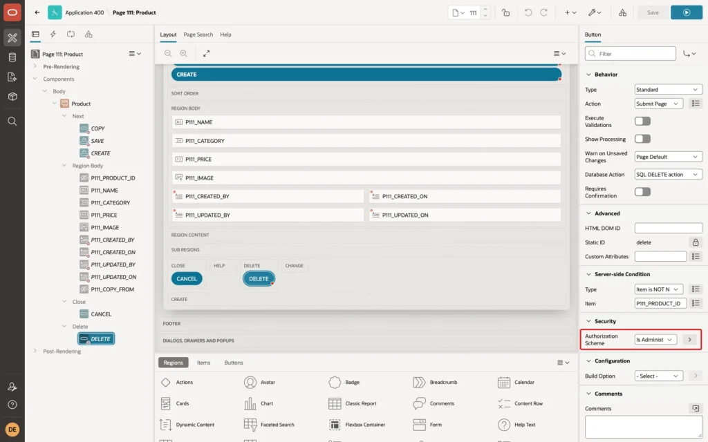 Page Designer showing the DELETE button with Security Authorization Scheme Is Administrator marked with a red box