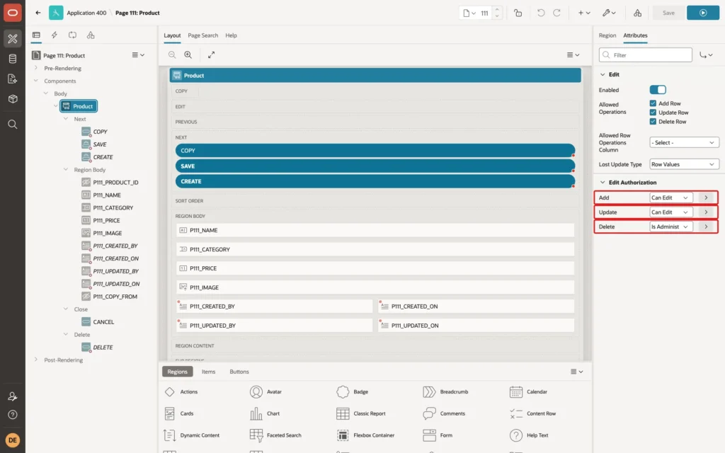 Page Designer showing the Product form Attributes with Edit Authorization Add Can Edit, Update Can Edit and Delete Is Administrator marked with red boxes