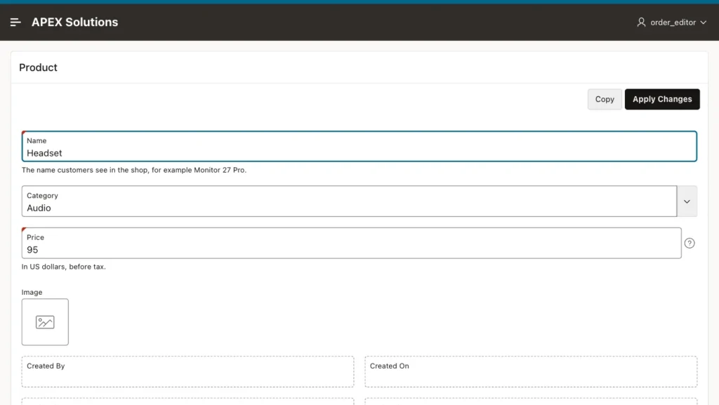 Oracle APEX Product form for an editor with Copy and Apply Changes buttons and editable fields