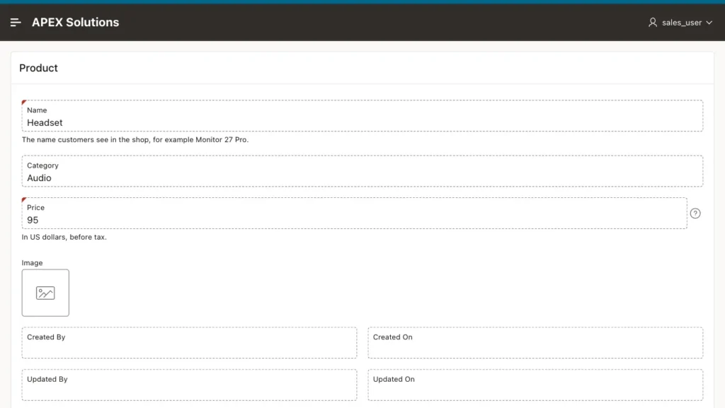 Oracle APEX Product form for a reader with all fields shown as read-only text and no save buttons