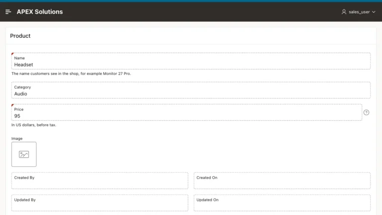 Oracle APEX Product form for a reader with all fields shown as read-only text and no save buttons