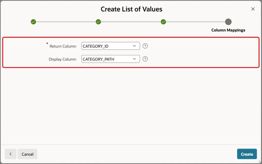 Column Mappings screen with Return Column CATEGORY_ID and Display Column CATEGORY_PATH marked with a red box