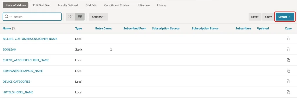 Lists of Values page in Shared Components with the Create button marked with a red box