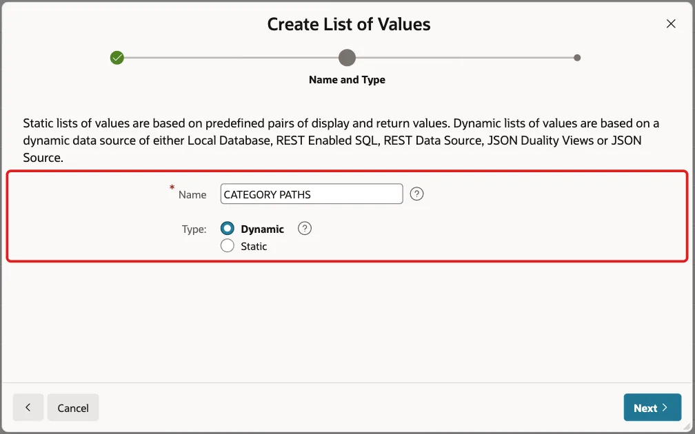 Name and Type screen with Name CATEGORY PATHS and Type Dynamic marked with a red box