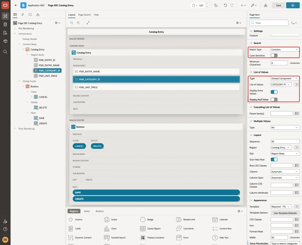 Search group with Match Type Contains and List of Values group with Type Shared Component, List of Values CATEGORY PATHS and Display Null Value marked with red boxes