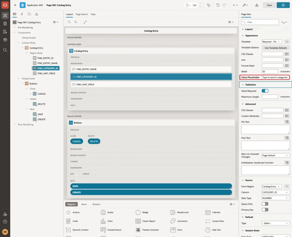 Appearance group of P581_CATEGORY_ID with Value Placeholder Type to search categories marked with a red box