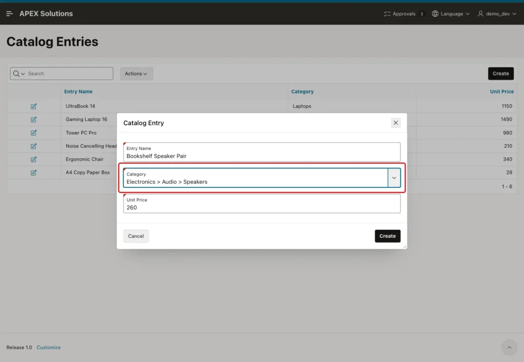 Catalog Entry dialog with Category Electronics > Audio > Speakers marked with a red box