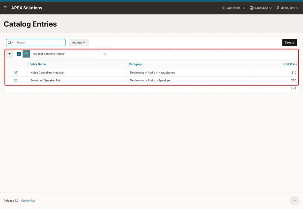 Catalog Entries report filtered by Row text contains Audio with two rows, marked with a red box