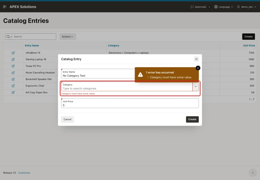Catalog Entry dialog with the message Category must have some value under the empty Category field, marked with a red box