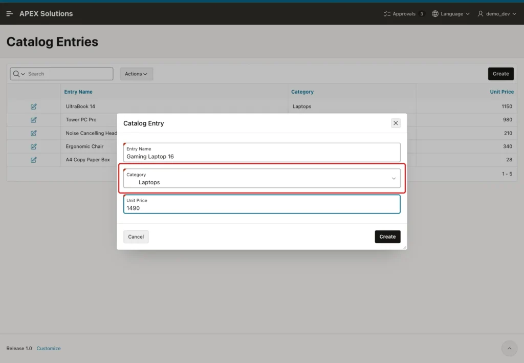 Catalog Entry dialog with Laptops selected in the Category list, marked with a red box