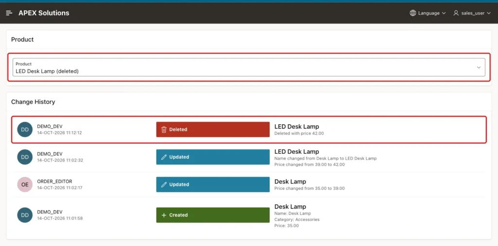 Product History page with LED Desk Lamp (deleted) selected and the Deleted entry by DEMO_DEV at the top marked with a red box