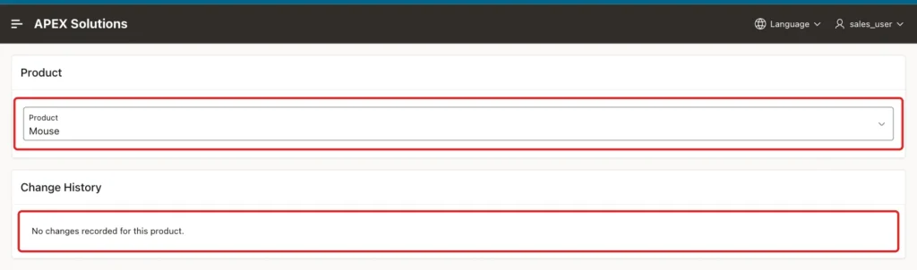 Product History page with Mouse selected and the message No changes recorded for this product marked with a red box