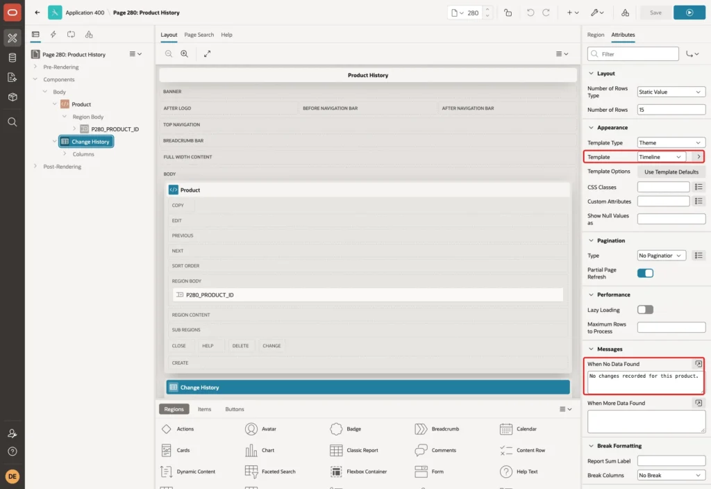 Page Designer Attributes tab with Template Timeline and When No Data Found marked with red boxes