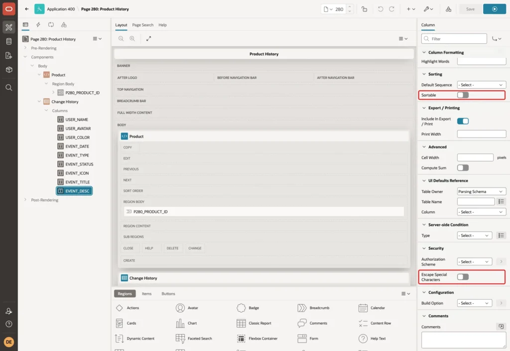 Page Designer showing the column EVENT_DESC with Sortable off and Escape Special Characters off marked with red boxes