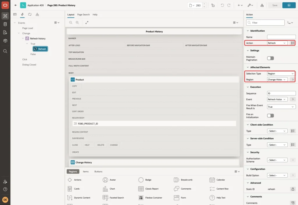 Page Designer showing the True action with Action Refresh, Selection Type Region and Region Change History marked with red boxes