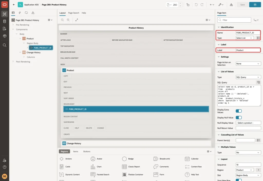 Page Designer showing the page item P280_PRODUCT_ID with Name, Type Select List and Label Product marked with red boxes