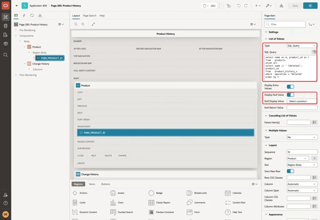 Page Designer showing the List of Values group with Type SQL Query, the SQL Query, Display Null Value and Null Display Value marked with red boxes