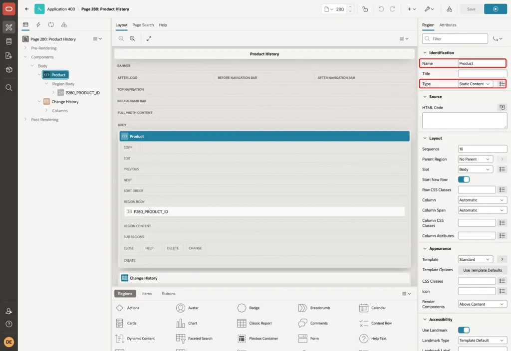 Page Designer showing the region Product with Name Product and Type Static Content marked with red boxes
