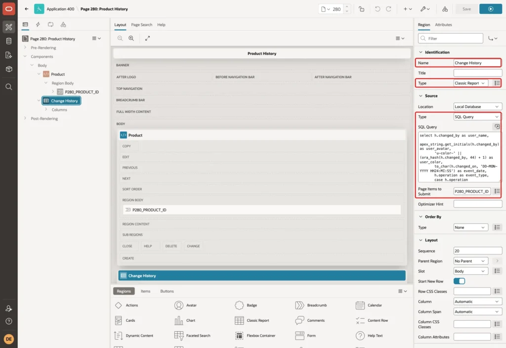Page Designer showing the region Change History with Name, Type Classic Report, Source Type SQL Query, the SQL Query and Page Items to Submit marked with red boxes