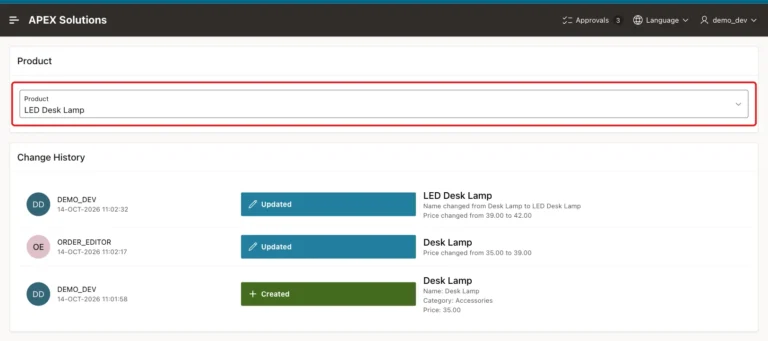 Product History page with LED Desk Lamp selected and three timeline entries: Updated by DEMO_DEV with the name and price change, Updated by ORDER_EDITOR with the price change, and Created by DEMO_DEV
