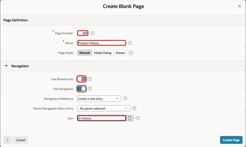 Create Blank Page wizard with Page Number 280, Name Product History, Use Breadcrumb off, Use Navigation on and Icon fa-history marked with red boxes