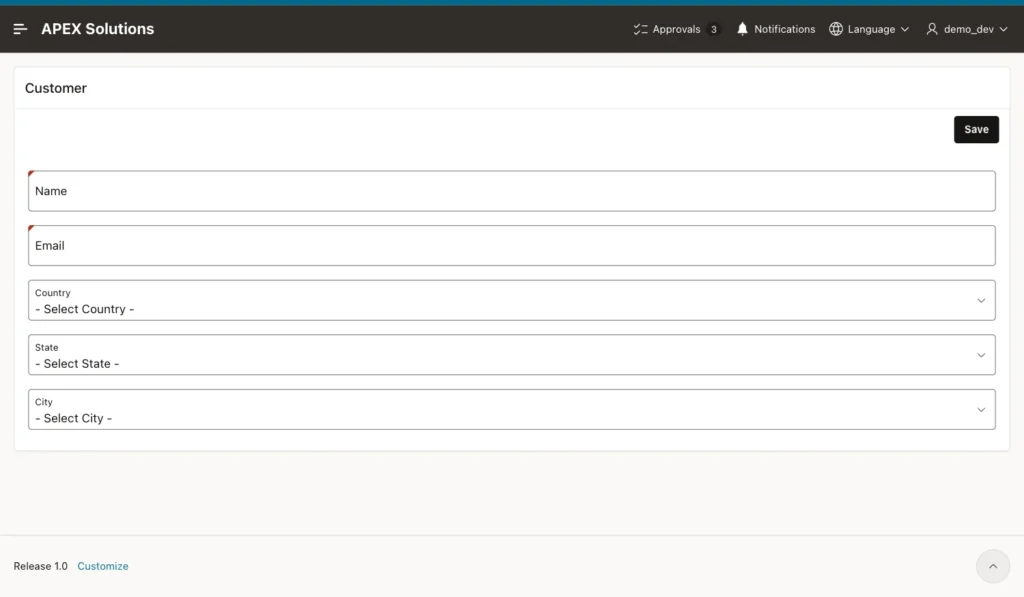 Customer page of the application opened by demo_dev on Saturday at 11:00