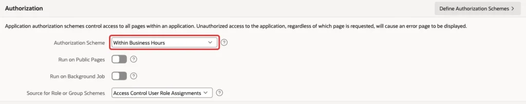 Security Attributes page with the Authorization Scheme list set to Within Business Hours and marked with a red box