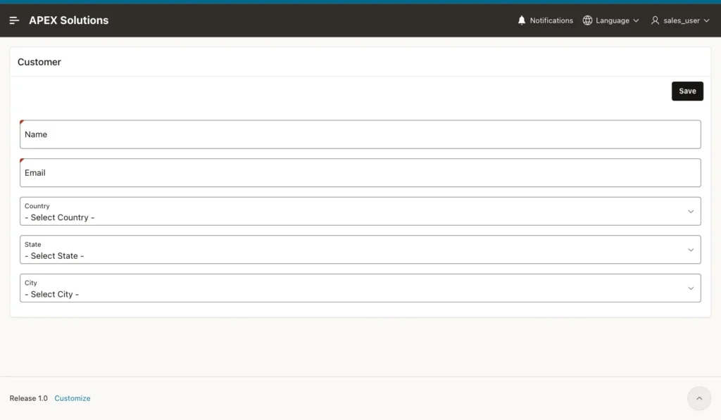 Customer page of the application opened by sales_user on Wednesday at 10:30