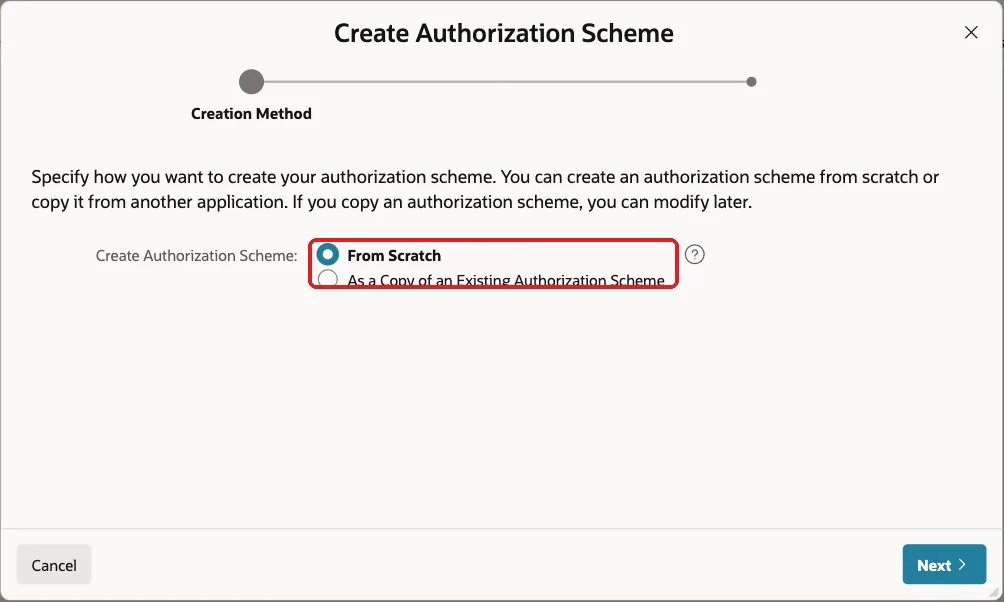 Create Authorization Scheme wizard with the option From Scratch marked with a red box