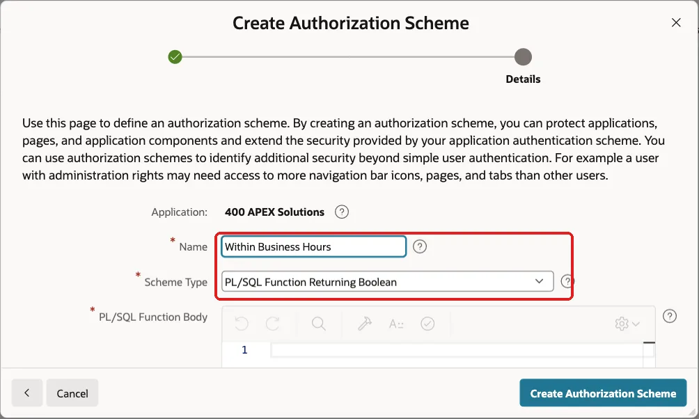Create Authorization Scheme dialog with Name Within Business Hours and Scheme Type PL/SQL Function Returning Boolean marked with a red box