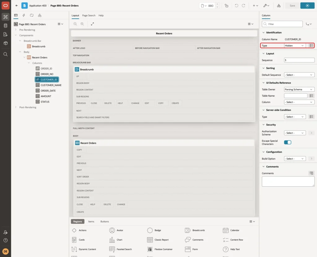 CUSTOMER_ID column with Type set to Hidden marked with a red box
