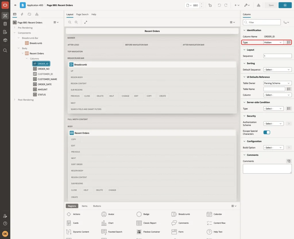 ORDER_ID column with Type set to Hidden marked with a red box