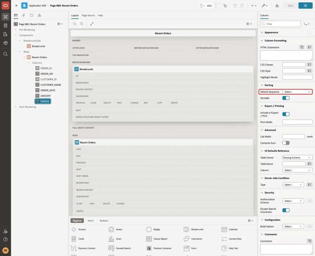 STATUS column with Sorting Default Sequence cleared marked with a red box