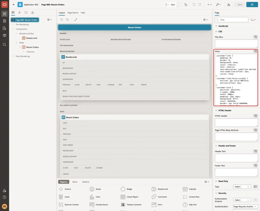 Page CSS Inline property with the popup styles marked with a red box