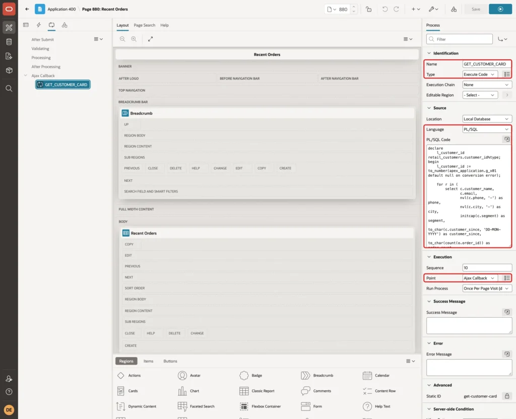 Process GET_CUSTOMER_CARD with Name, Type, Language, PL/SQL Code and Point Ajax Callback marked with red boxes