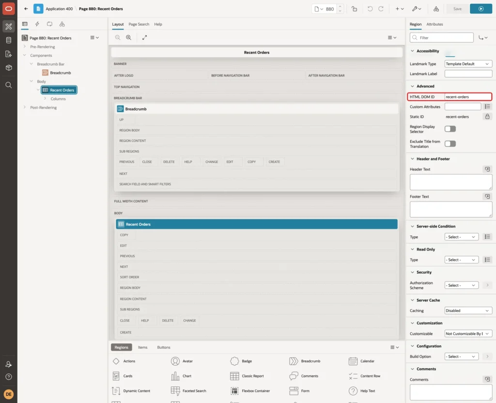 Region Advanced properties with HTML DOM ID recent-orders marked with a red box