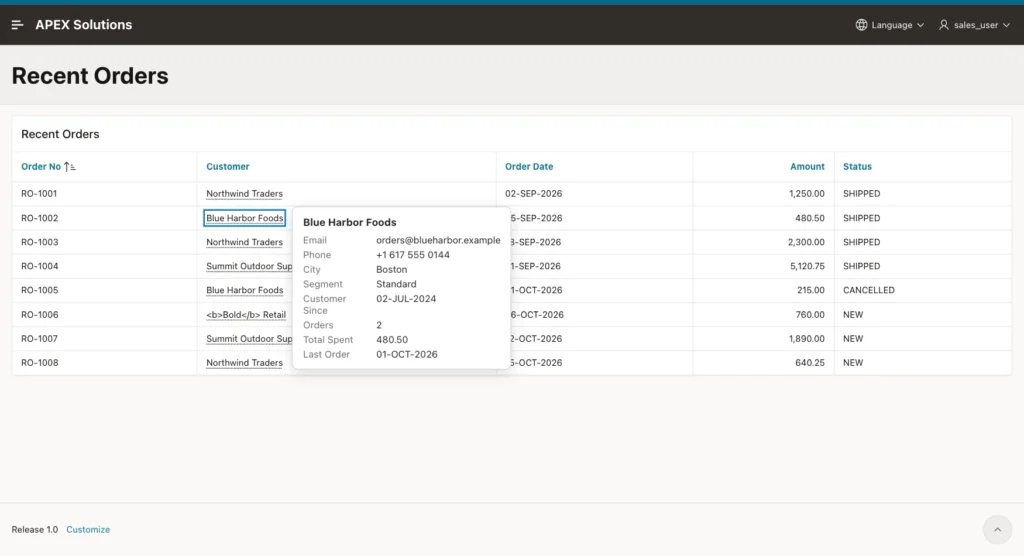 Keyboard focus outline on Blue Harbor Foods with its hover card open