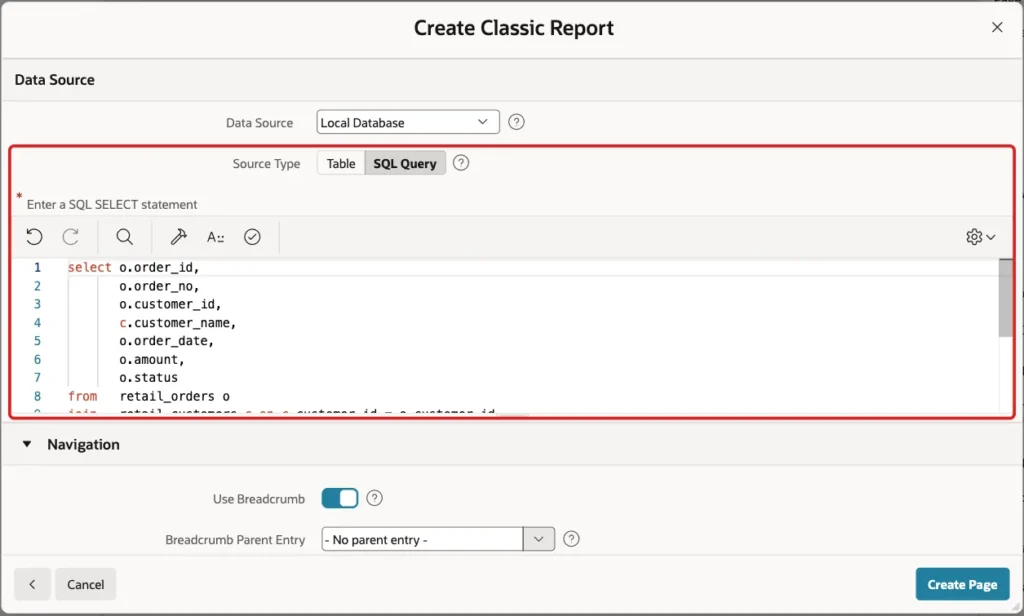 Data Source section with Source Type SQL Query and the report query marked with a red box