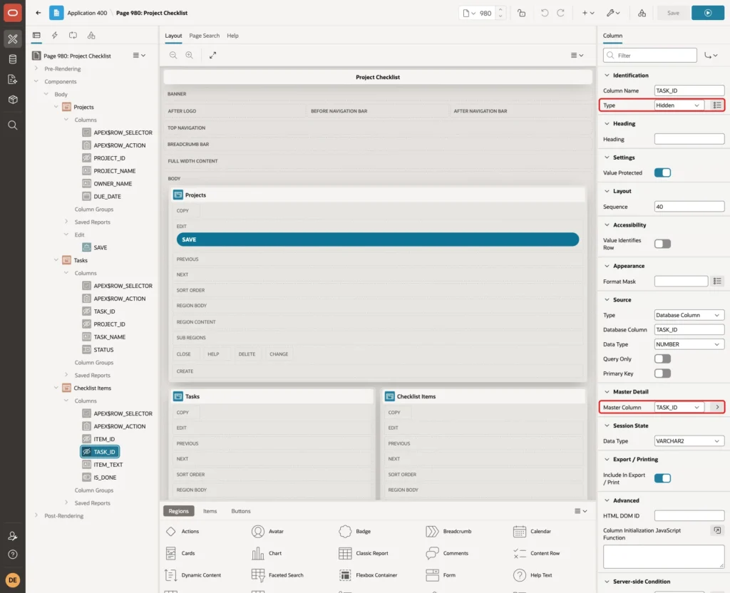 Column TASK_ID of the Checklist Items grid with Type Hidden and Master Column TASK_ID marked with red boxes