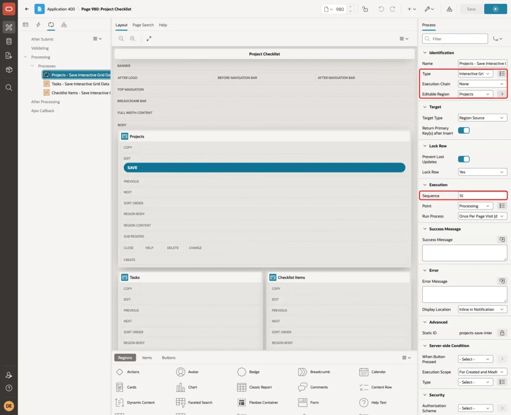 Process Projects - Save Interactive Grid Data with Type Interactive Grid - Automatic Row Processing (DML), Editable Region Projects and Sequence 10 marked with red boxes