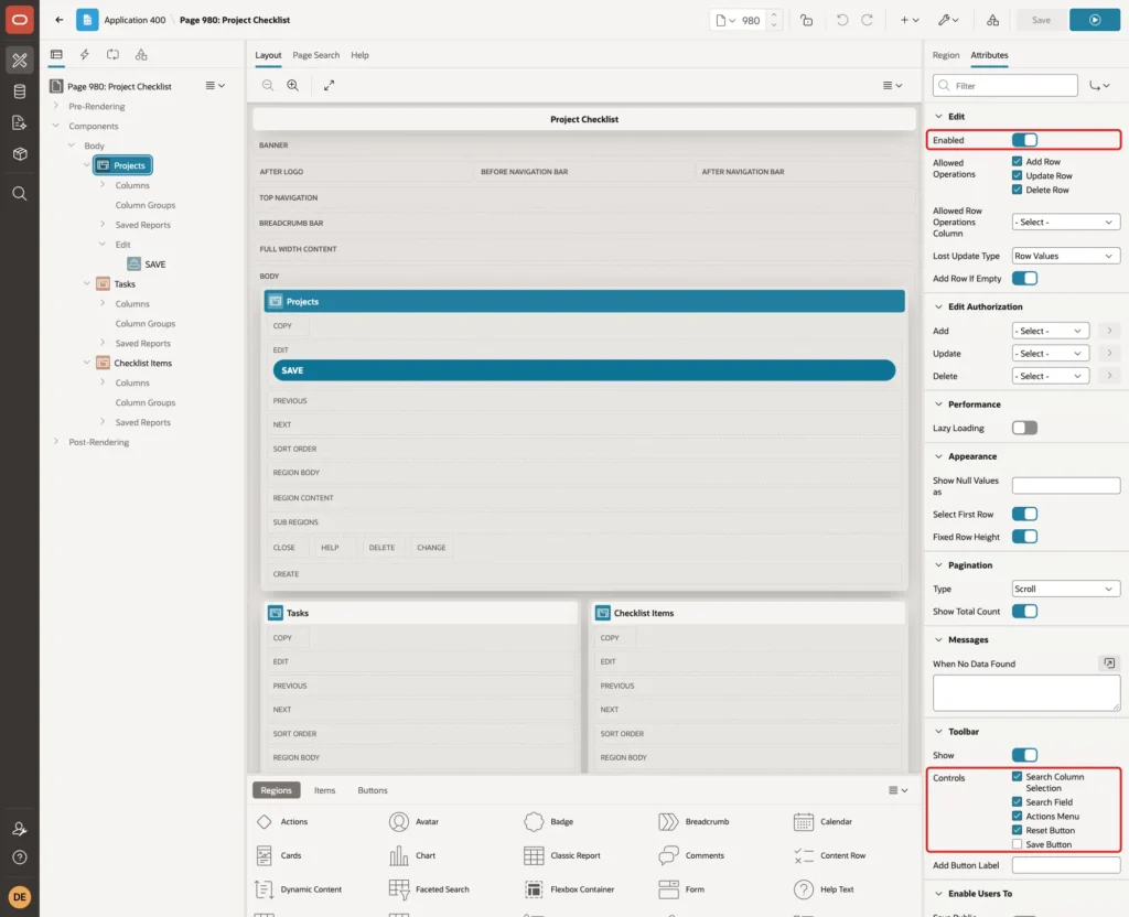 Attributes tab of the Projects region with Edit Enabled on and Toolbar Controls without Save Button, both marked with red boxes