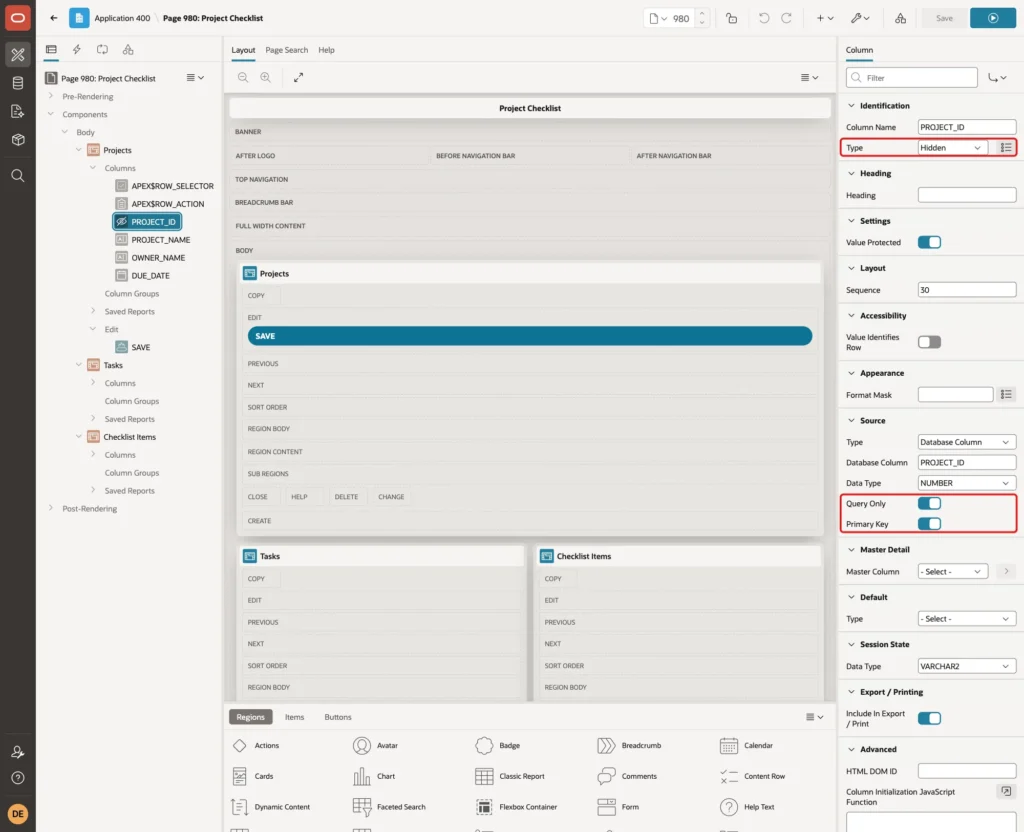 Column PROJECT_ID with Type Hidden, Query Only and Primary Key on, marked with red boxes