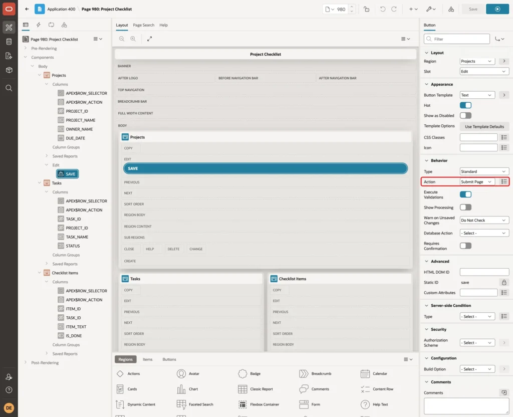Behavior group of the SAVE button with Action Submit Page marked with a red box